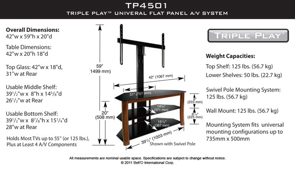Bell'O TP-4501 Triple Play™ Universal Flat Panel Audio/Video System with Swivel TV Mounting